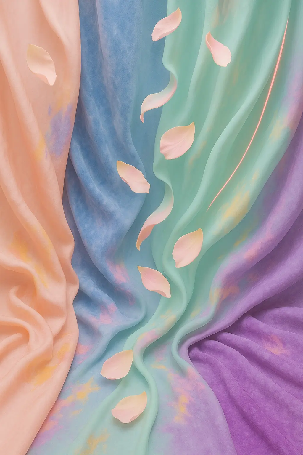 Armocromia in Abruzzo - Tessuti e petali in armonia di colori Drappeggi di tessuti pastello con petali di rosa che scendono sinuosi, simbolo di eleganza e armonia cromatica per la consulenza di armocromia in Abruzzo