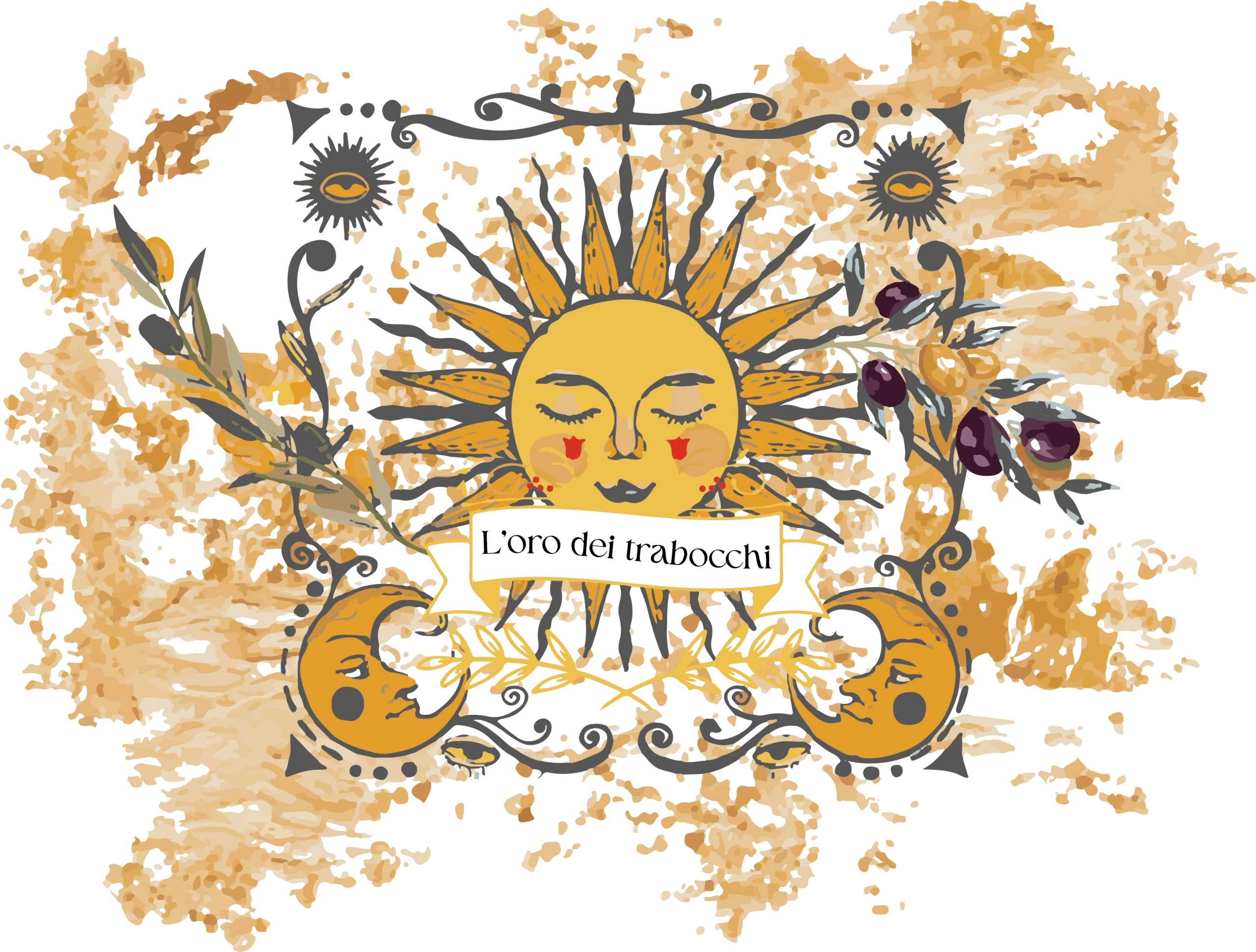 Logo completo di L’Oro dei Trabocchi: sole dorato al centro con volto sorridente, lune laterali e rami di ulivo con olive, su sfondo decorativo.