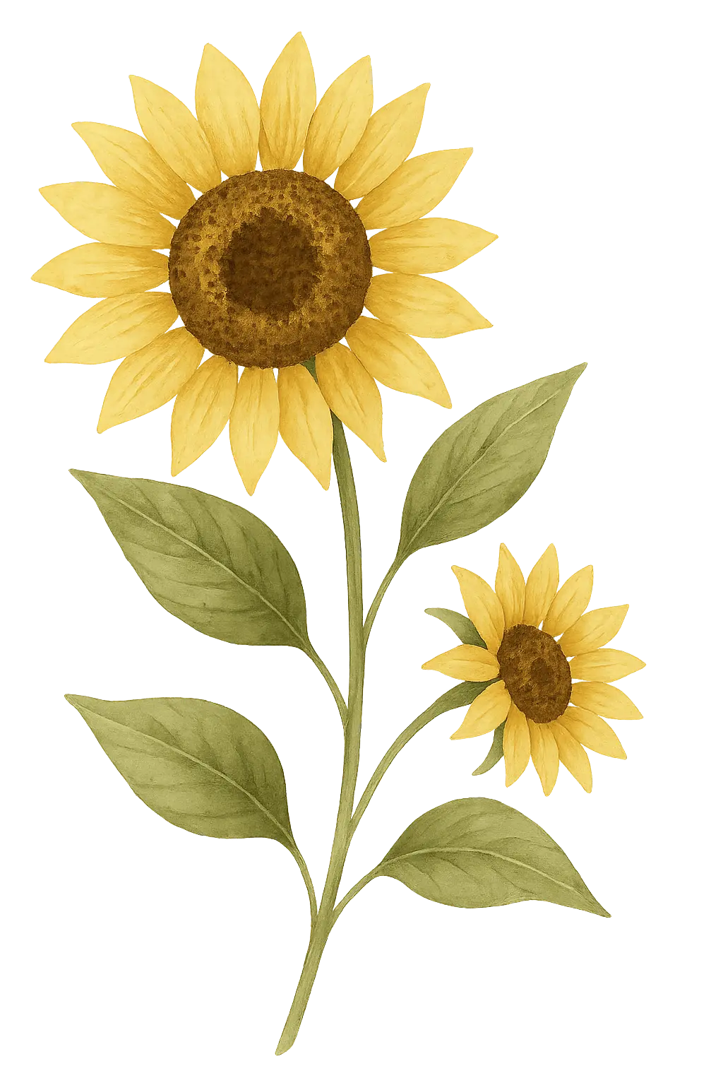 Illustrazione botanica di un ramo di girasole con foglie verdi in stile acquerello, decorazione artigianale