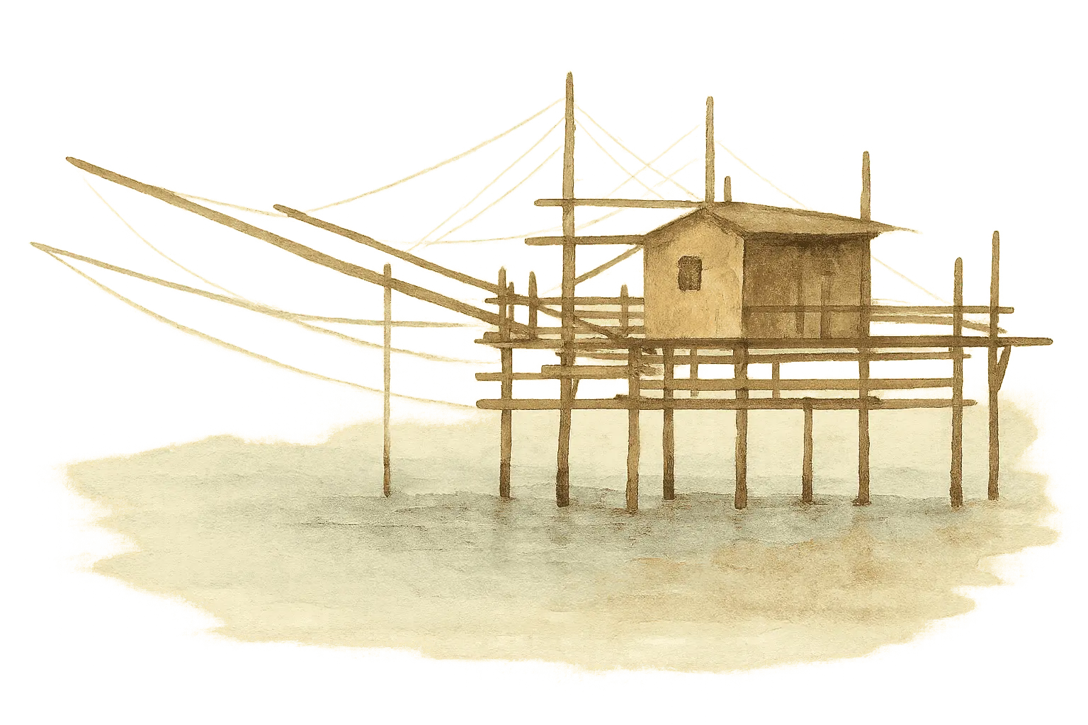 Illustrazione in acquerello di un trabocco tipico della Costa dei Trabocchi in Abruzzo