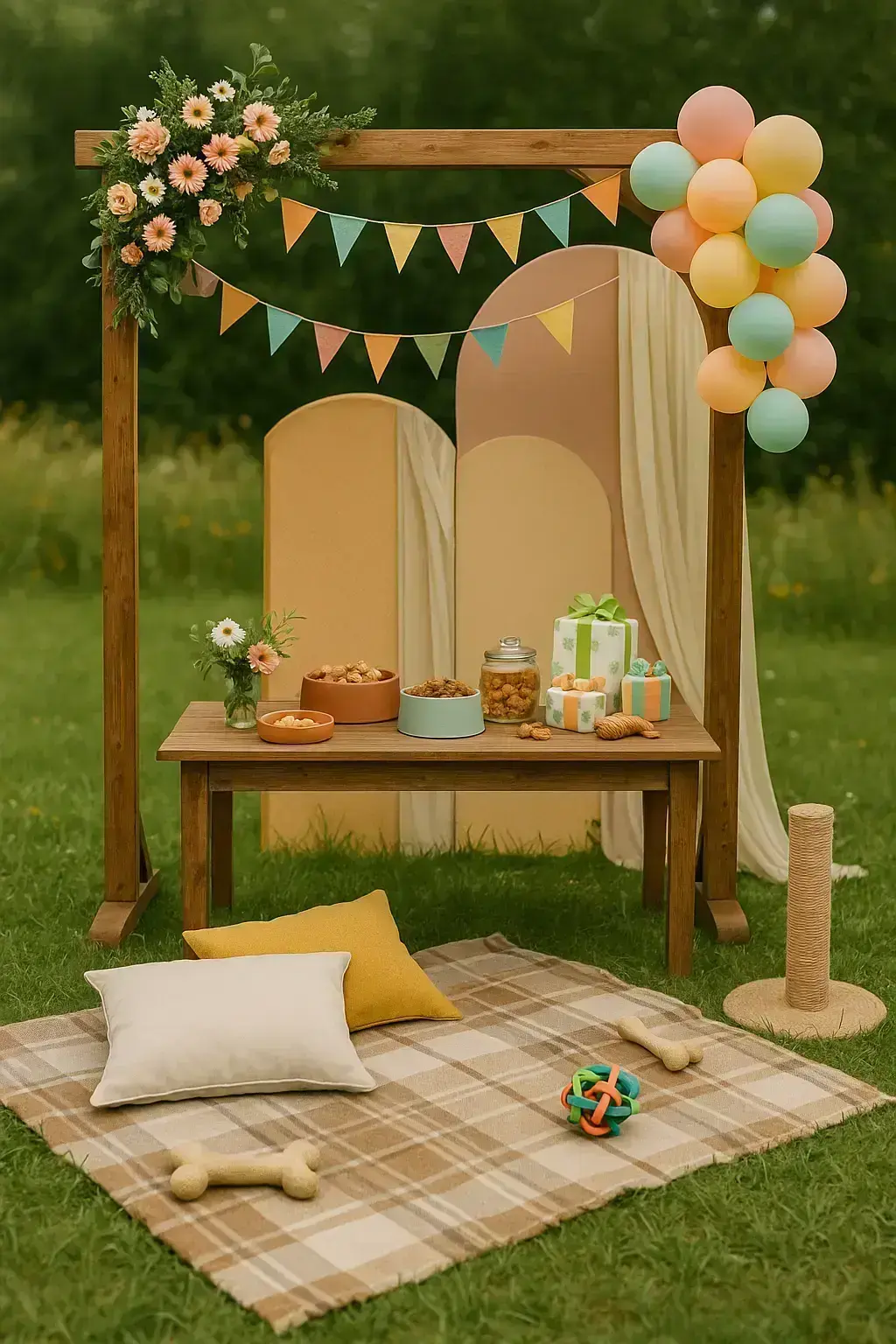 Allestimento colorato con arco, palloncini e tavolino per photo booth di una festa per animali in Abruzzo