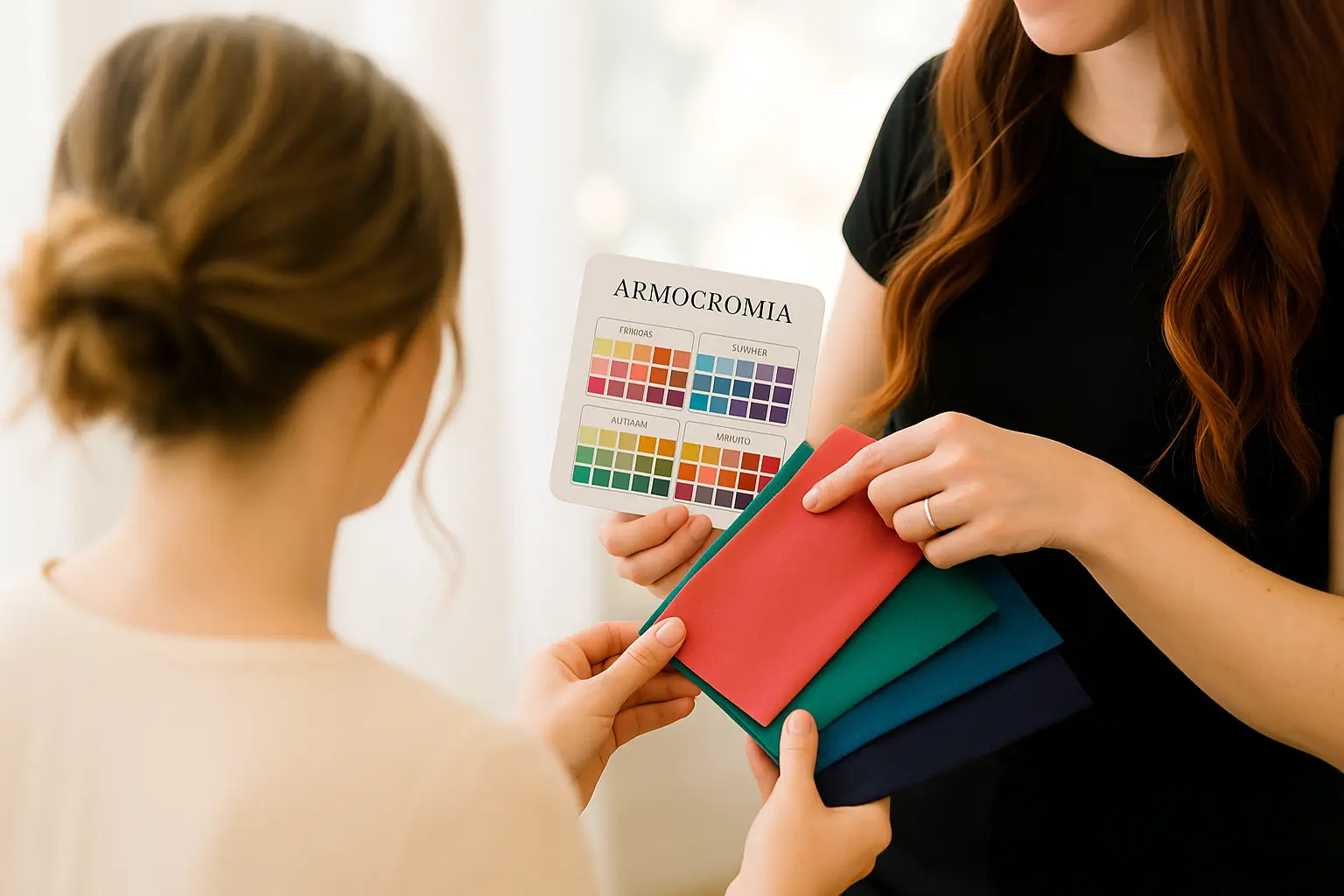 consulenza di armocromia a fossacesia con tessuti colorati Consulente di armocromia che mostra tessuti colorati davanti al viso della cliente, durante una sessione personalizzata a Fossacesia, Abruzzo