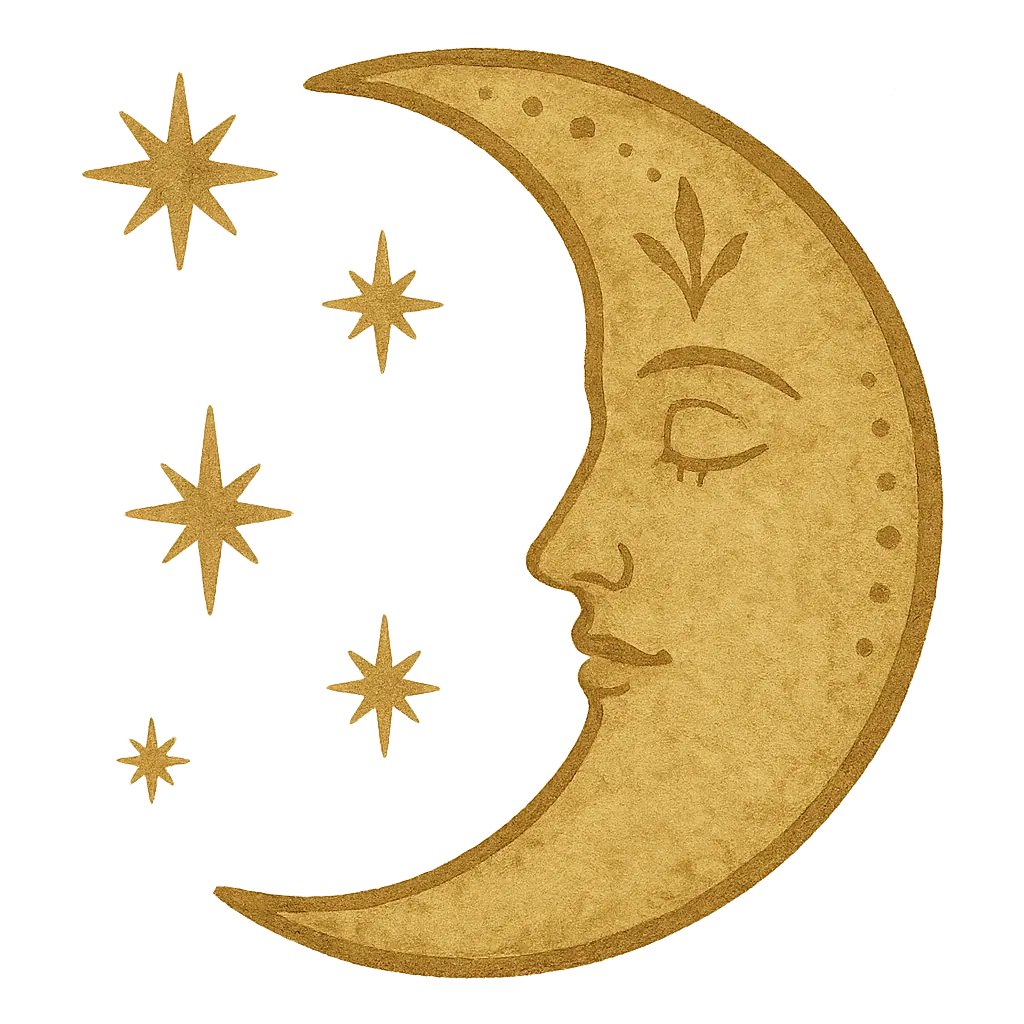 Illustrazione in acquerello di una luna crescente con volto umano e stelle decorative, su sfondo trasparente.