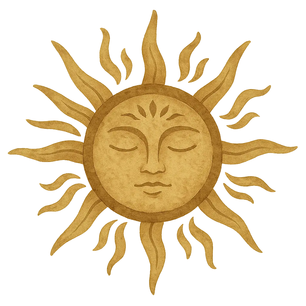 illustrazione in acquerello di un sole tribale con volto sereno e raggi stilizzati