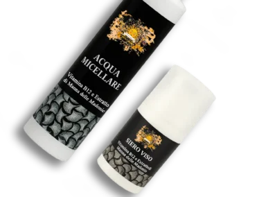 Immagine dei cosmetici L’Oro dei Trabocchi: acqua micellare e siero viso con vitamina B12 ed estratto di manna delle Madonie, skincare naturale e sicura