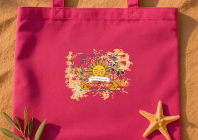 Borsa tote in tessuto fucsia con logo del sole su spiaggia sabbiosa
