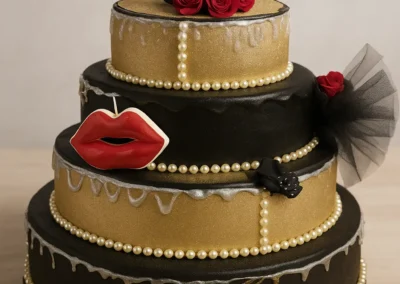 Torta a tre piani in stile glamour, con colori neri e dorati, decorazioni di perle, labbra rosse e il numero 60 con le corone